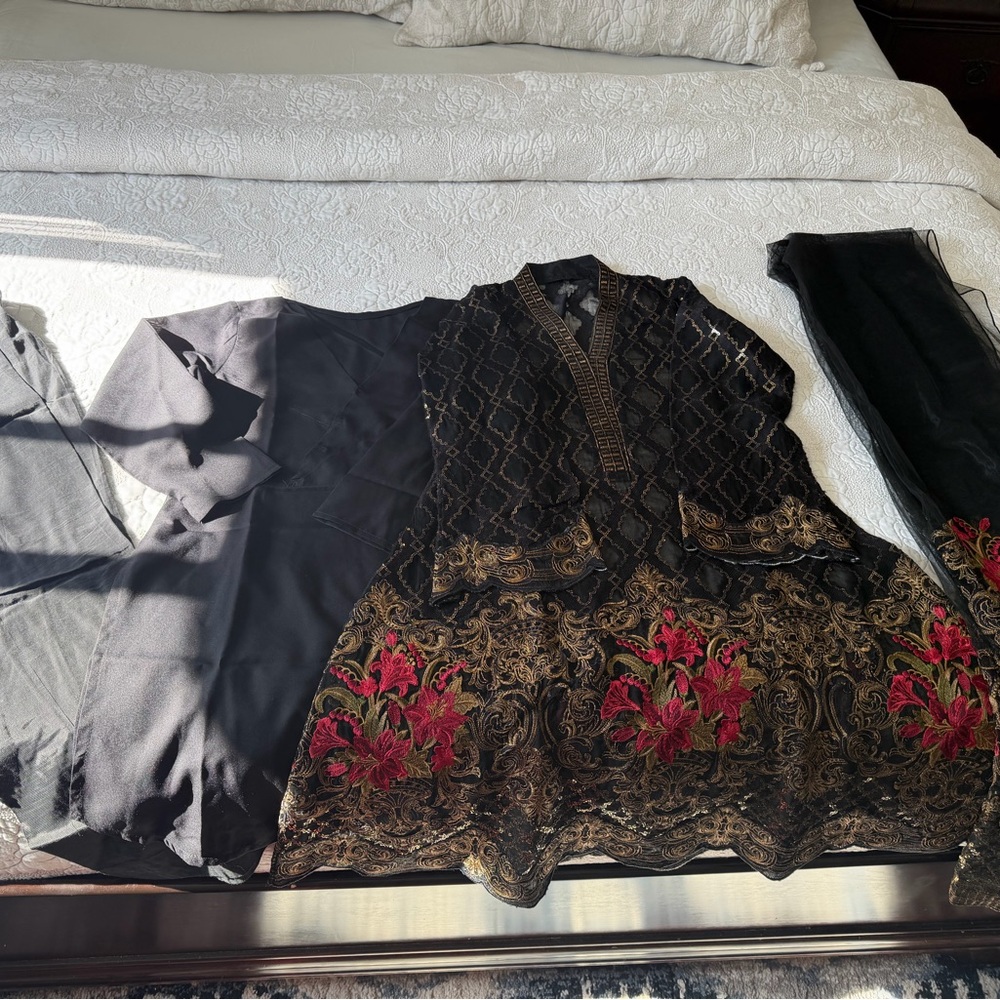 Elegant Black and Red Floral Dress 4 piece set